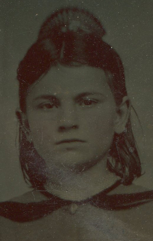 Tinted Tintype Photo: Young Girl with Big Hair on Period Paper Mat 4x2.5 in