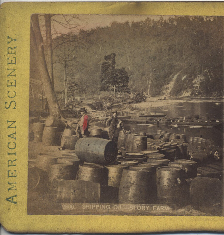 COLOR STEREOVIEW OF MEN SHIPPING OIL BARRELS ON A RIVER