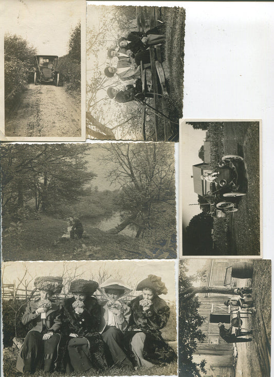 WOMEN IN LARGE HATS, FLOWERS IN HAND, EARLY MODEL CARS, KNIFE SHARPENING. 6 SET.