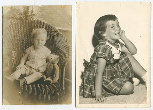 Vintage Photograph Young Children with Teddy Bear Two Silver Prints 7x5