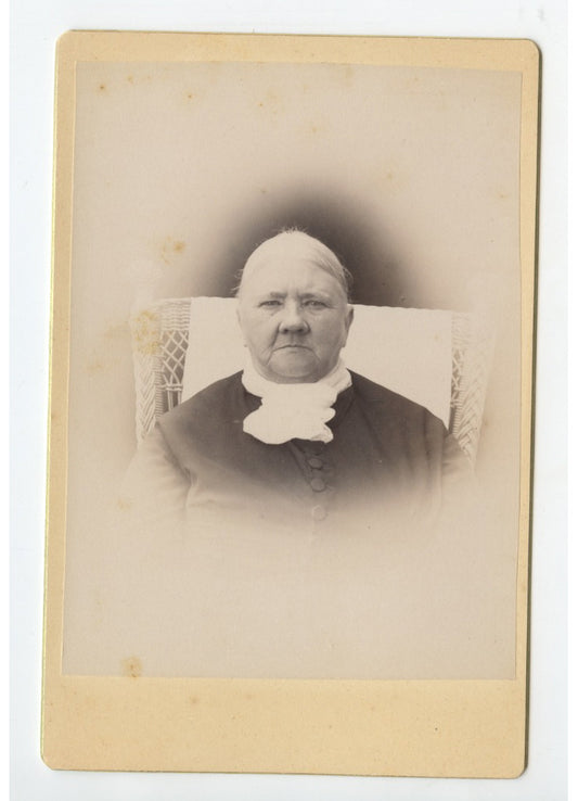 CAB CARD PHOTO SERIOUS OLDER LADY FROM BOSTON, MASS