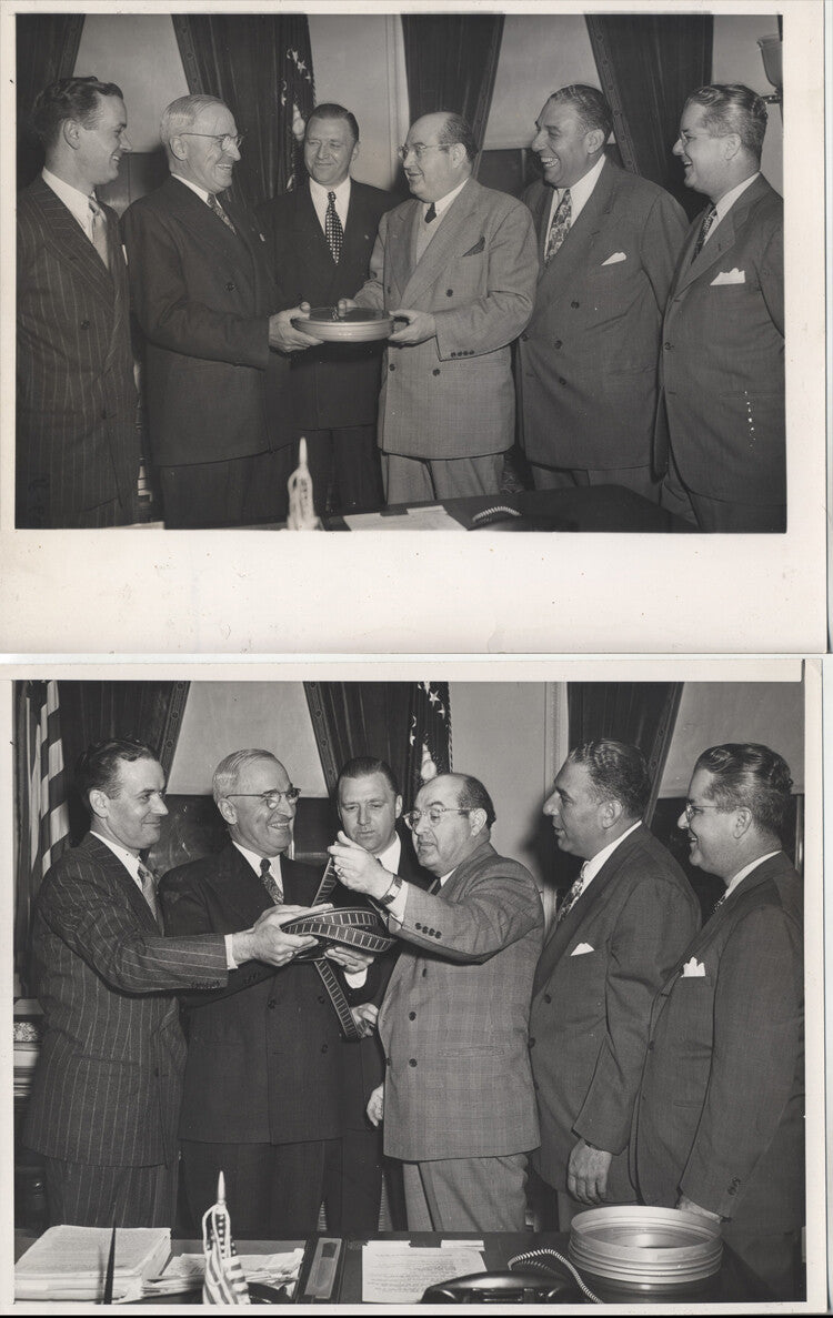 PRESIDENT TRUMAN IN THE OVAL OFFICE W/ VINTAGE MOVIE FILM REELS - SET OF 2
