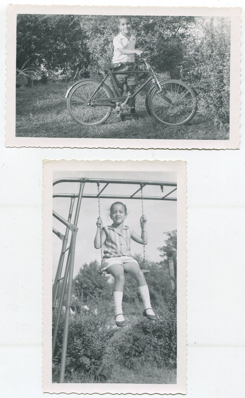 Vintage African American Children at Play: Boy on Bike & Girl on Swing, 2-Set B&W Silver Gelatin Photos for Wall Art