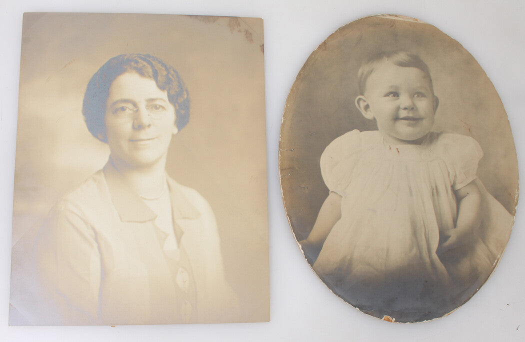 Vintage Silver Prints - Two 1930s Photos: Smiling Baby with Big Ears & Smiling Woman with Glasses, 9.5x7.5 & 8x10