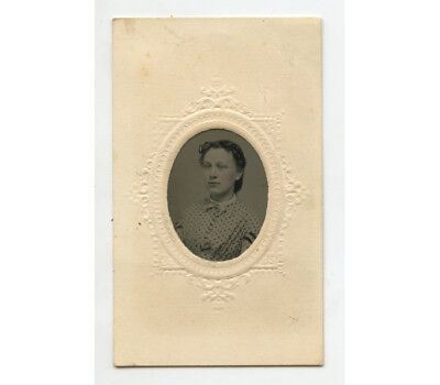 TINTYPE STUDIO PORTRAIT LADY W/ BOW + POLKA DOT DRESS, 1/16 PLATE, PERIOD MAT