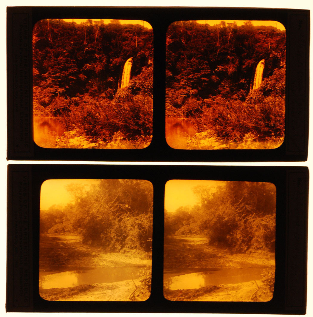 ARGENTINE VIEWS, COLOR STEREO LANTERN SLIDES. 2 SET. H 3.35 X W 6.75 INCHES.