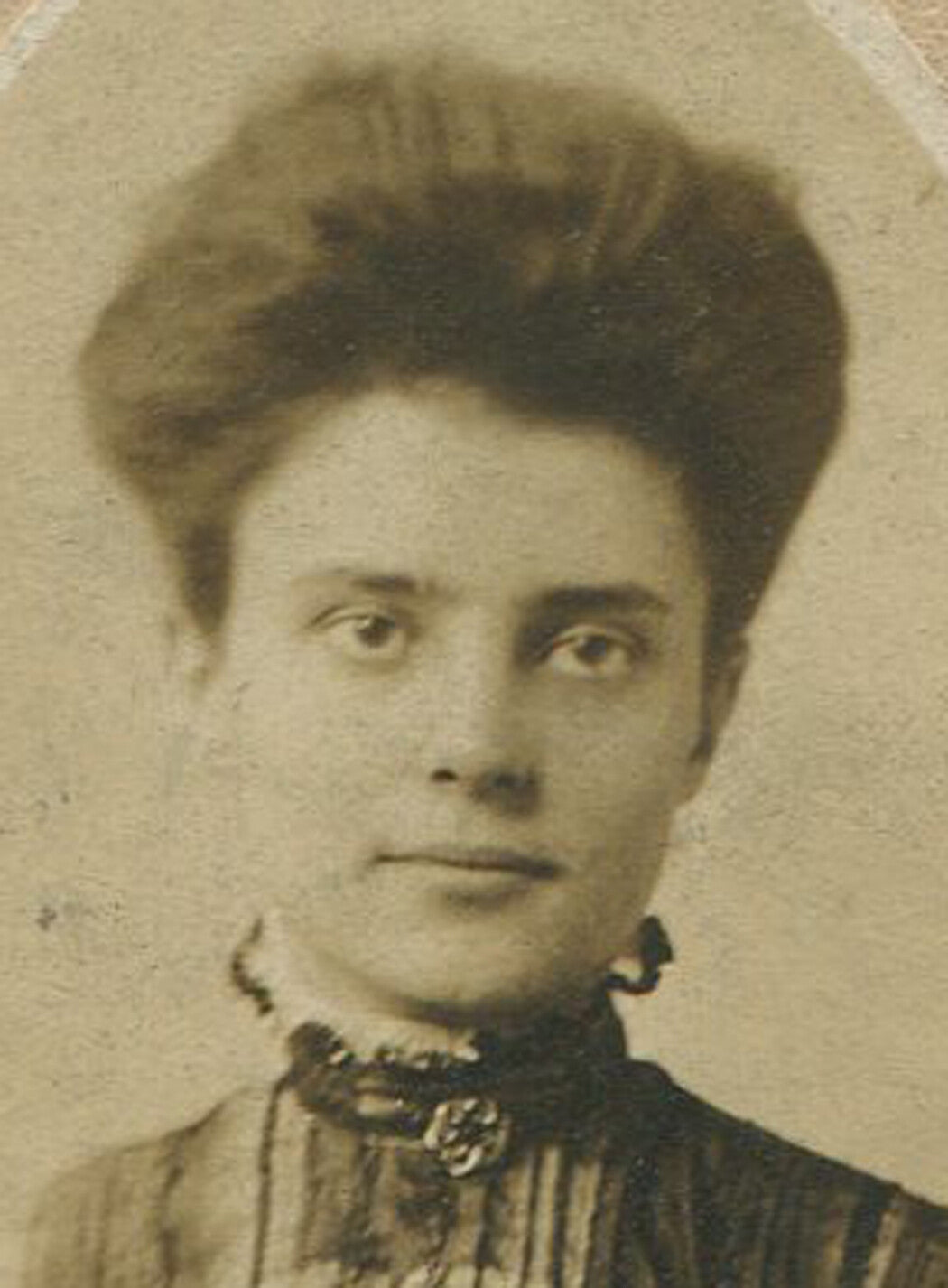 Vintage 1900s Woman with Up-Do Hairstyle Plaid Dress Photo on Trimmed Card