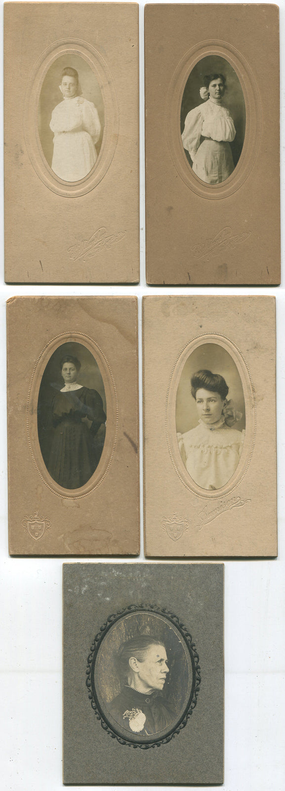 TURN OF THE CENTURY WOMAN. 5 SET, B W PRINTS ON DECORATIVE CARD. 1890-1900.