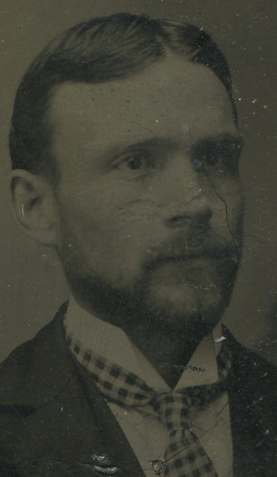 Tintype Portrait of Man with Close Beard and Checked Tie - Antique Photo
