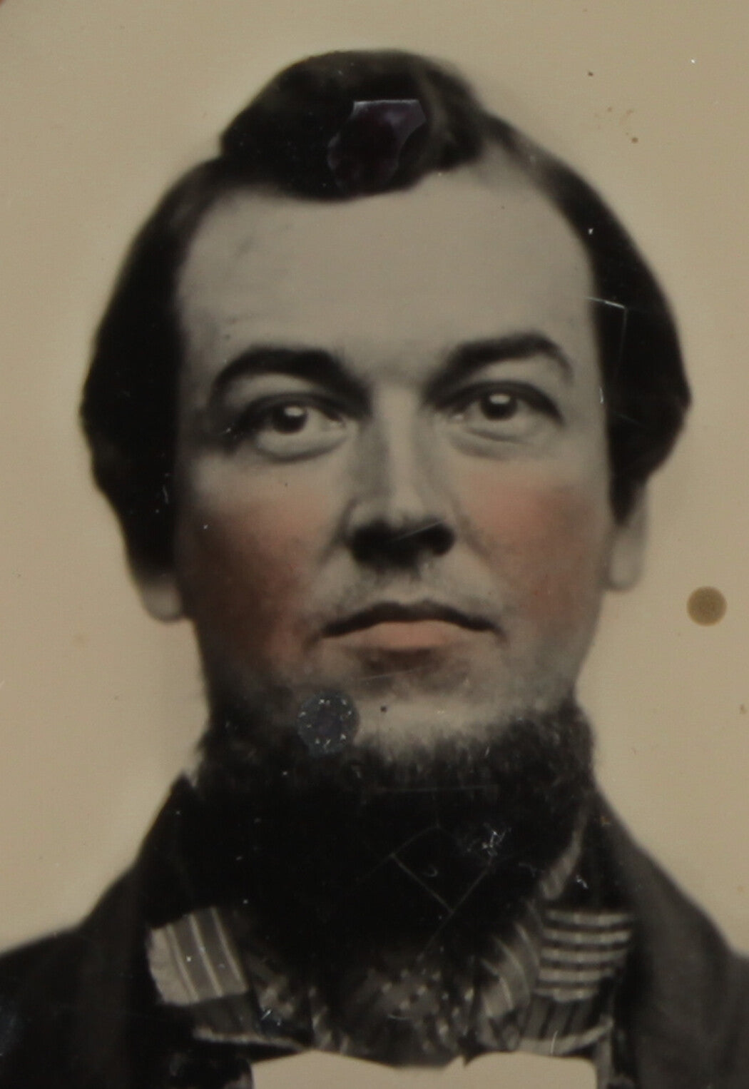 HANDSOME MAN, TACK SHARP AMBROTYPE. TINTED 6TH PLATE, HALF CASE.