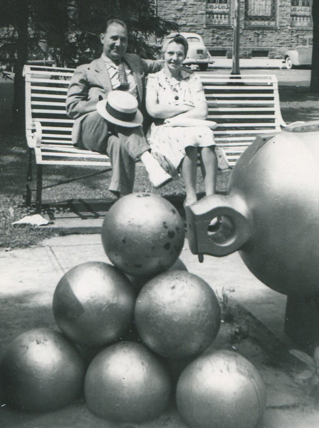 Vintage 1950s Black & White Photo Set - People Posed with Cannon Balls & Cannon, 2-Pack