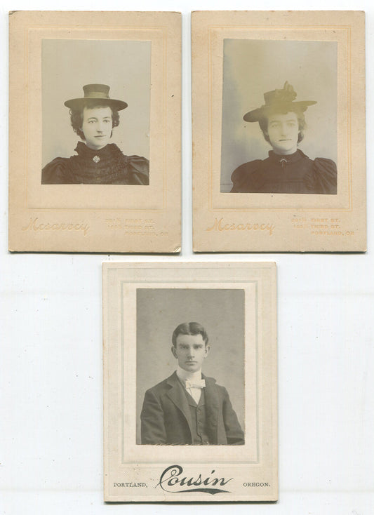 WOMAN IN UNFORTUNATE HAT, MAN IN FORMAL WEAR. 3 SET PHOTO ON CARD.