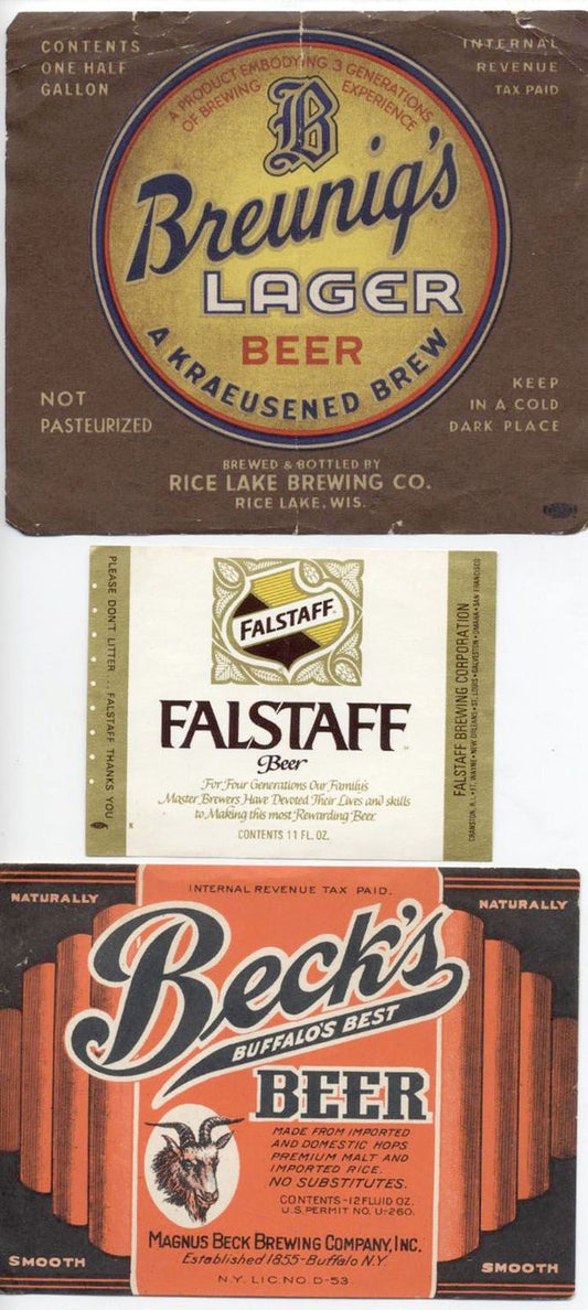 AMERICAN VINTAGE BEER LABELS. SET OF 3.FALSTAFF, BECKS,AND BREUNIGS