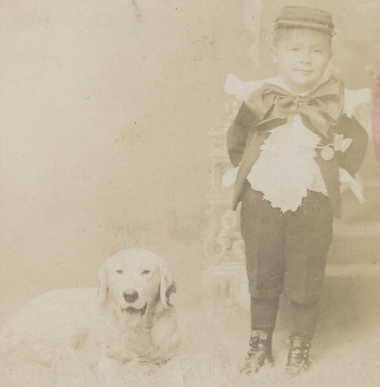 VERY YOUNG BOY AND HIS DOG. BOY IN HAT AND BIG BOW TIE. CABINET CARD. DALLAS, TX