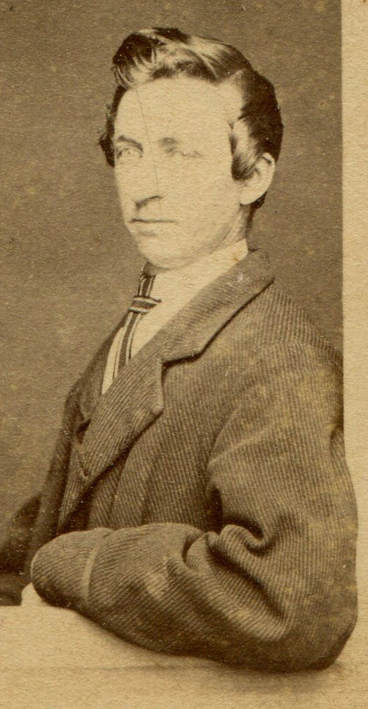 MAN POSED IN PHOTO PROP WINDOW. CDV. MCCONNELLSVILLE, OHIO.