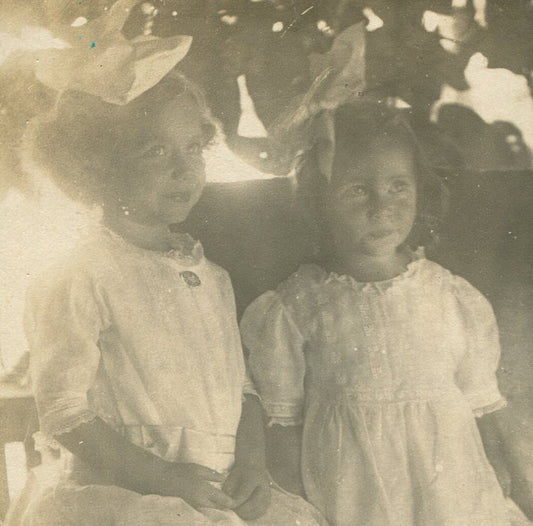 TWO YOUNG GIRLS ON ROCKING CHAIR, LEAFY SETTING. B W 5 X 4 INCHES.