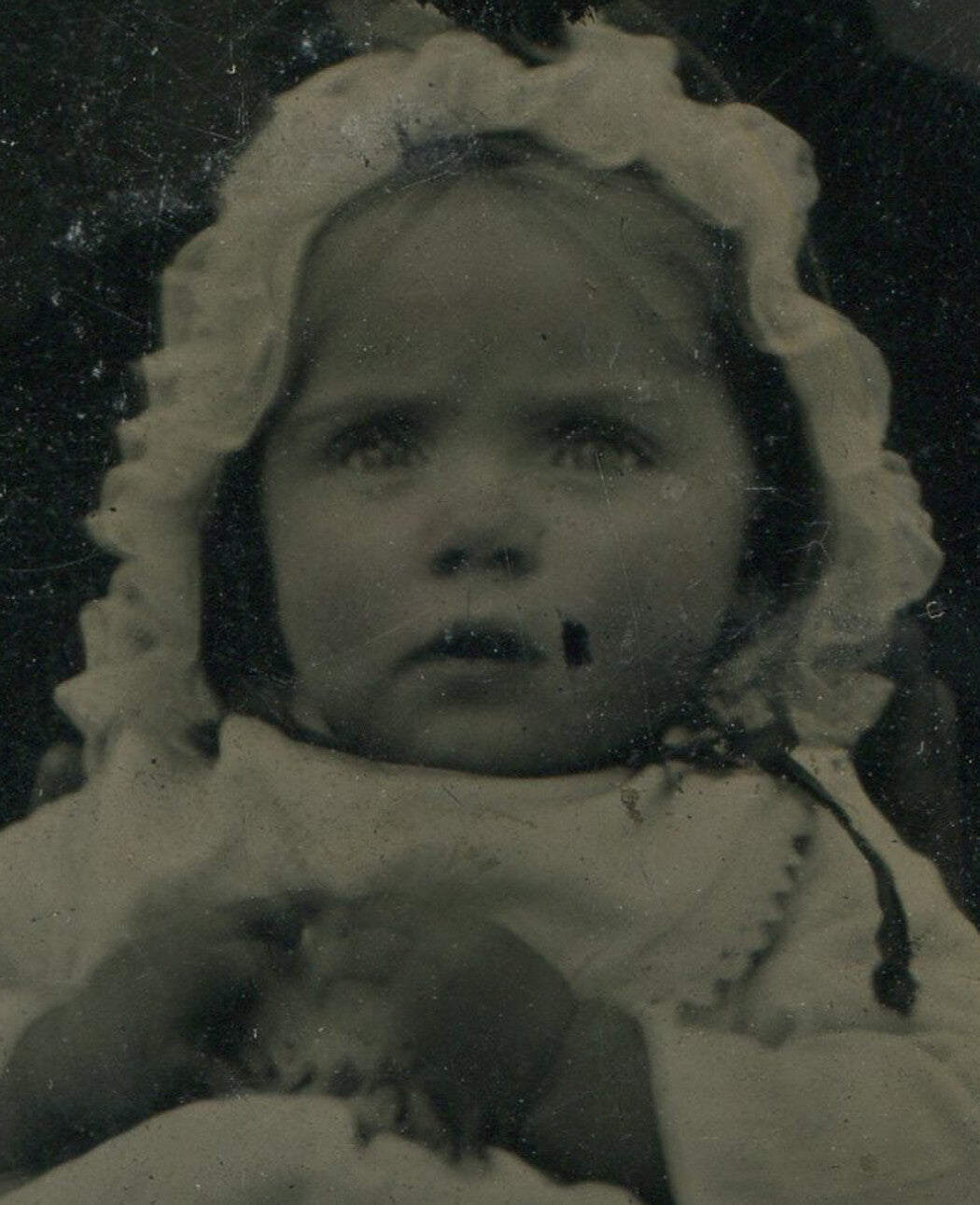 Vintage Tintype Baby in Bonnet Photo 3.5 x 2.5 in Original Antique Portrait