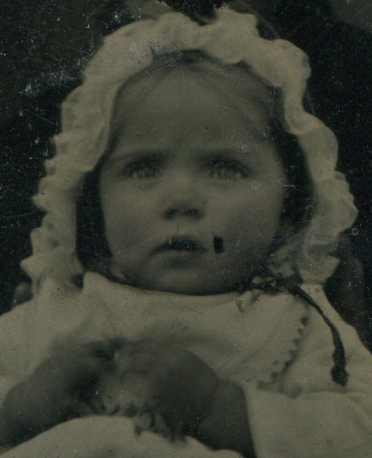 Vintage Tintype Baby in Bonnet Photo 3.5 x 2.5 in Original Antique Portrait