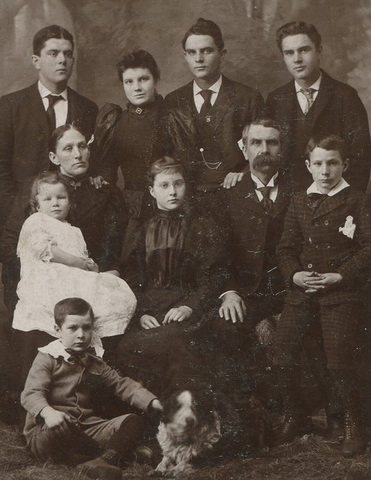 VERY LARGE FAMILY POSED W/ DOG. CABINET CARD. PIEDMONT, W.VA.