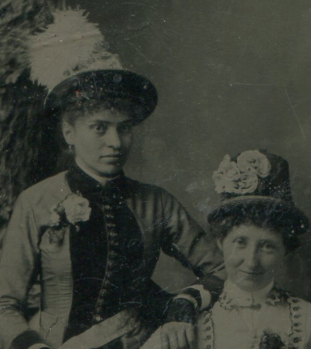Tintype Photo: Women in Plumed Hats and Fashionable Dresses, Vintage Photo
