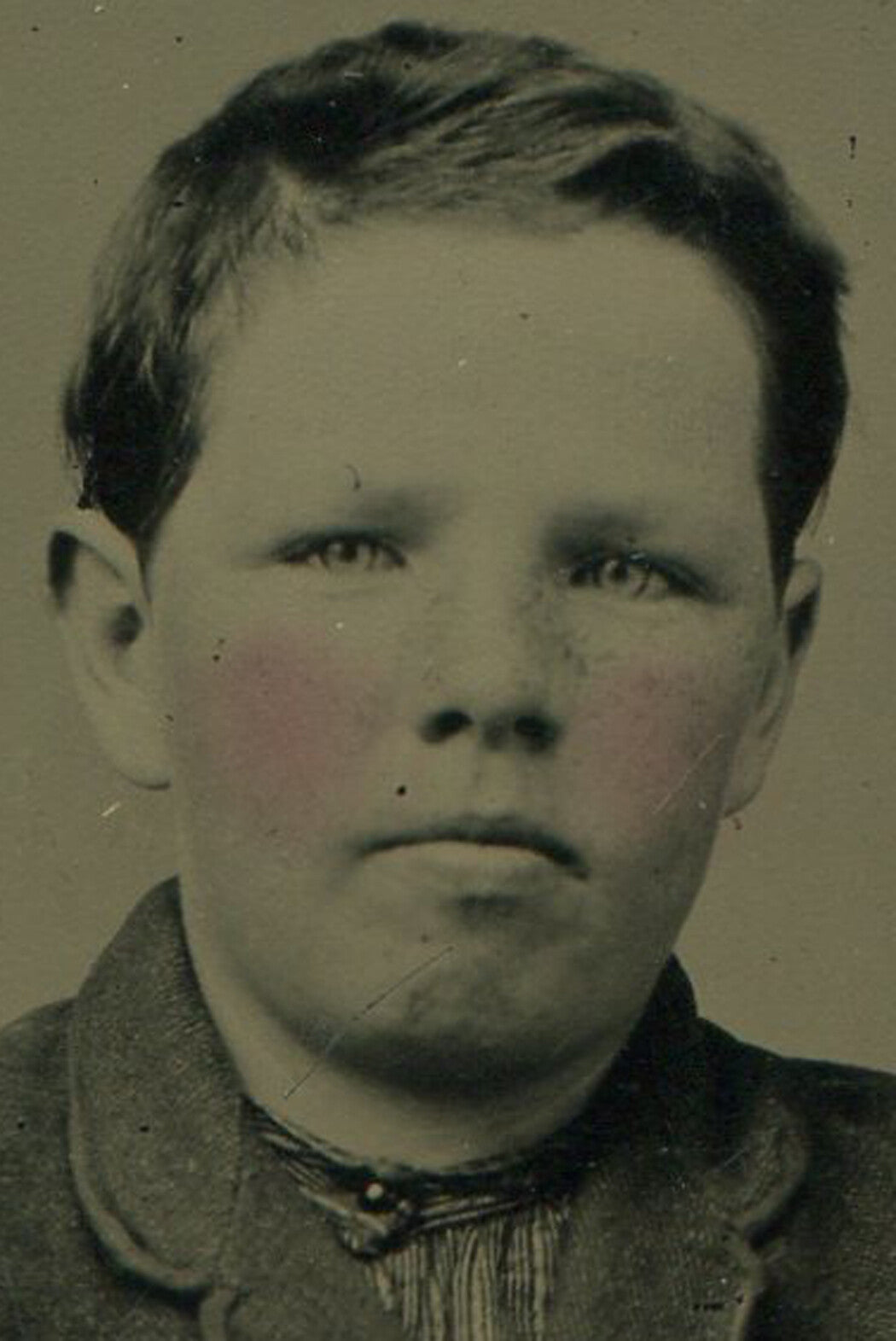 BOY POSED SEATED AT TABLE. TINTED TYPE, PERIOD PAPER MAT.