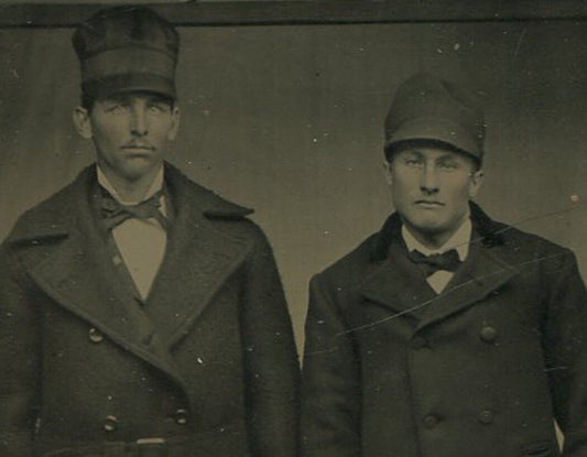 TWO MEN, ODD FACES, NEW CLOTHES, HATS. TINTYPE.