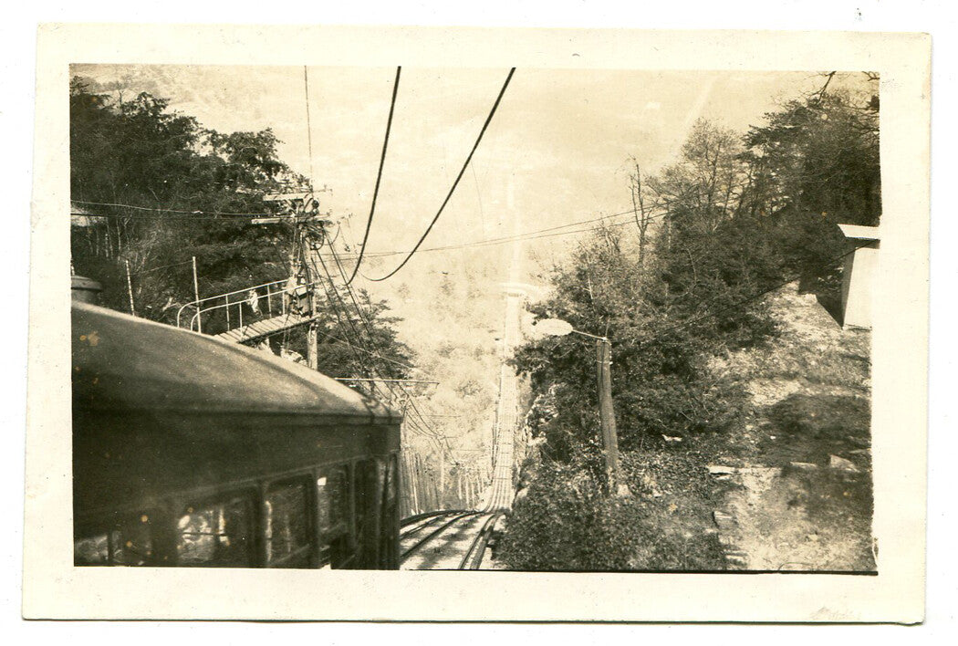 Vintage silver print photo: original cable car approaching steep hill, transit history wall decor