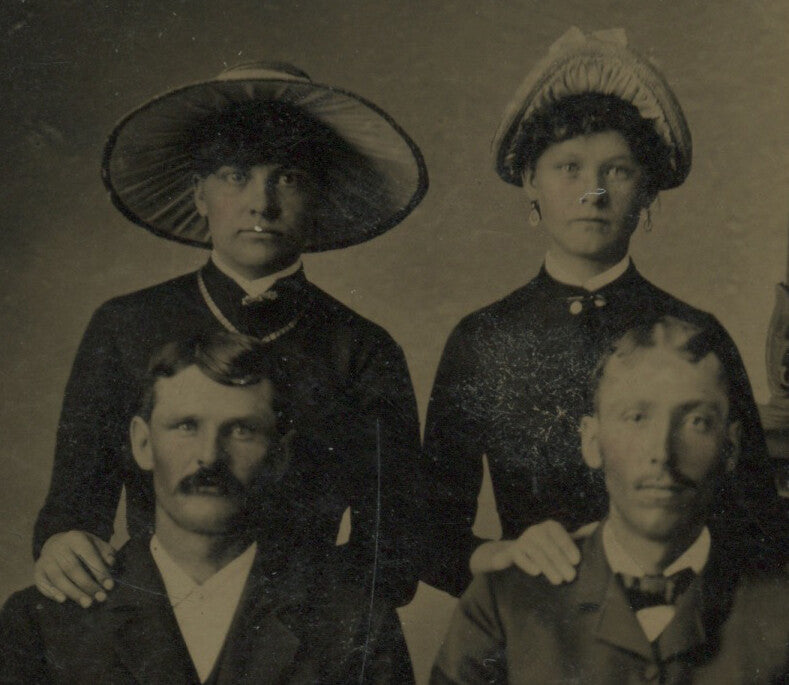 HATS, 2 WELL DRESSED COUPLES, 1/6 PLATE TINTYPE