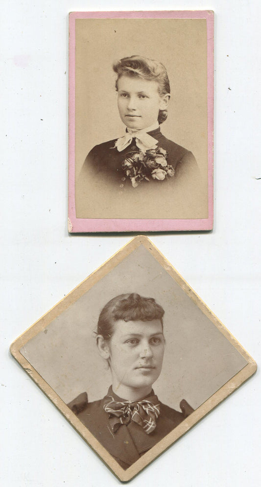 WOMEN WITH BIG BOW TIES, STOIC EXPRESSIONS. 2 SET SMALL 1890-1900 PRINTS.