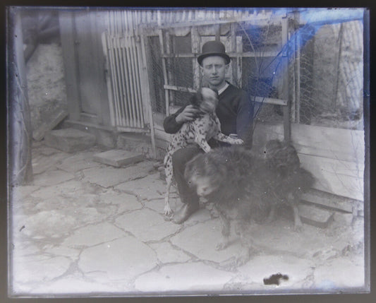 MAN IN HAT W/TWO DOGS, ONE DALMATION. 4X5 GLASS PLATE NEGATIVE.