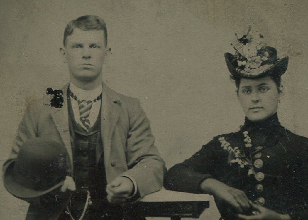 Vintage Tintype Photo - Couple Portrait in Cool Hats, Original 3.5x2.5 Old Photo