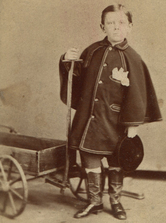 YOUNG BOY IN CAPE, HAT, POSED WITH WAGON. CDV. MANSFIELD, OHIO.