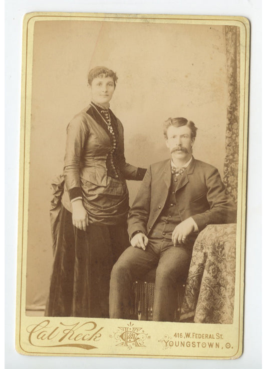 CAB CARD PHOTO MAN + WIFE FROM YOUNGSTOWN, OH, BY KECK, GRAPHIC BACK