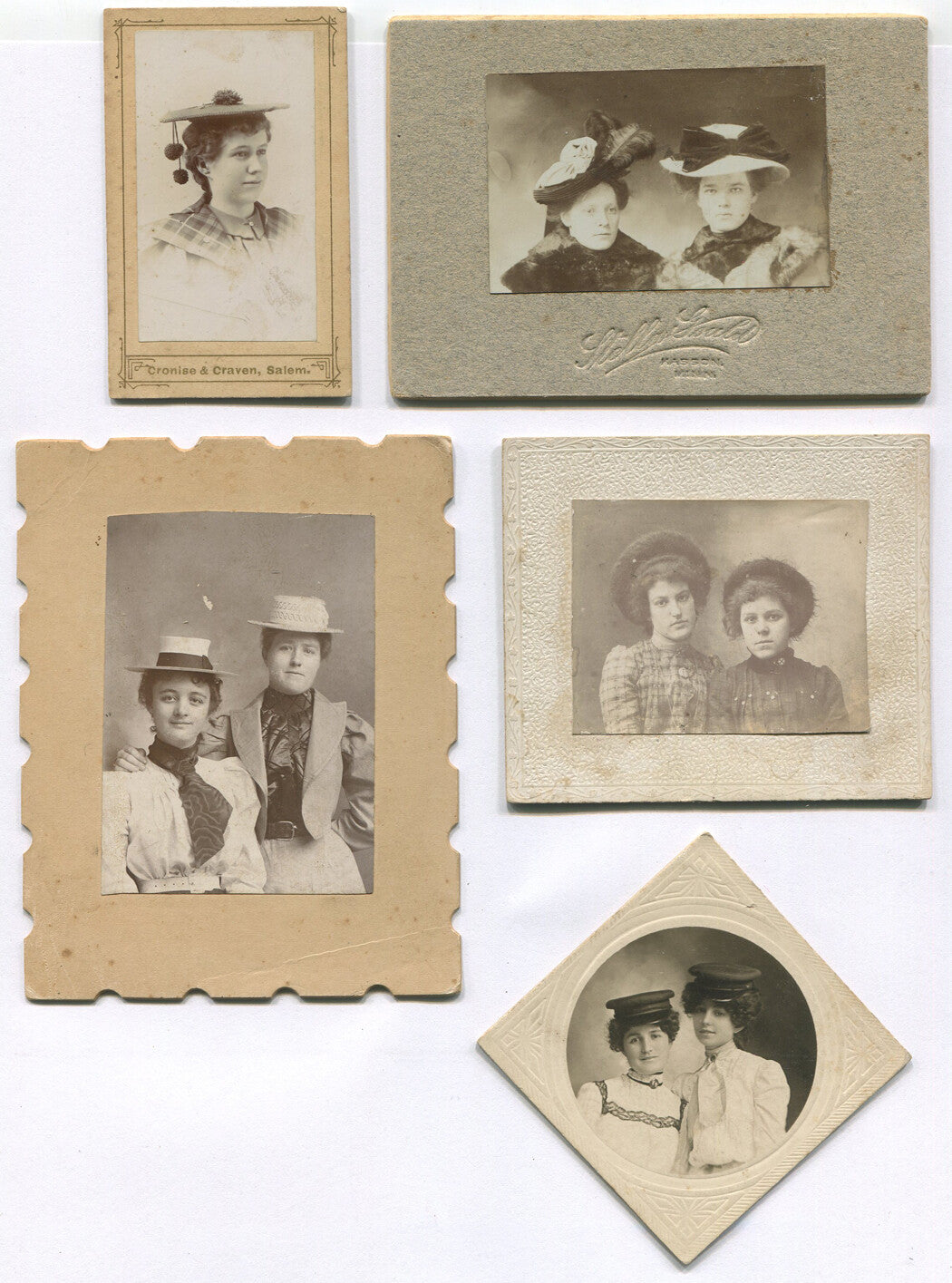 WOMEN IN HATS. 5 SET, VARIOUS SMALL SIZE PHOTOS. 1890-1900.