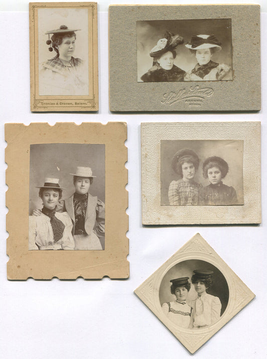 WOMEN IN HATS. 5 SET, VARIOUS SMALL SIZE PHOTOS. 1890-1900.