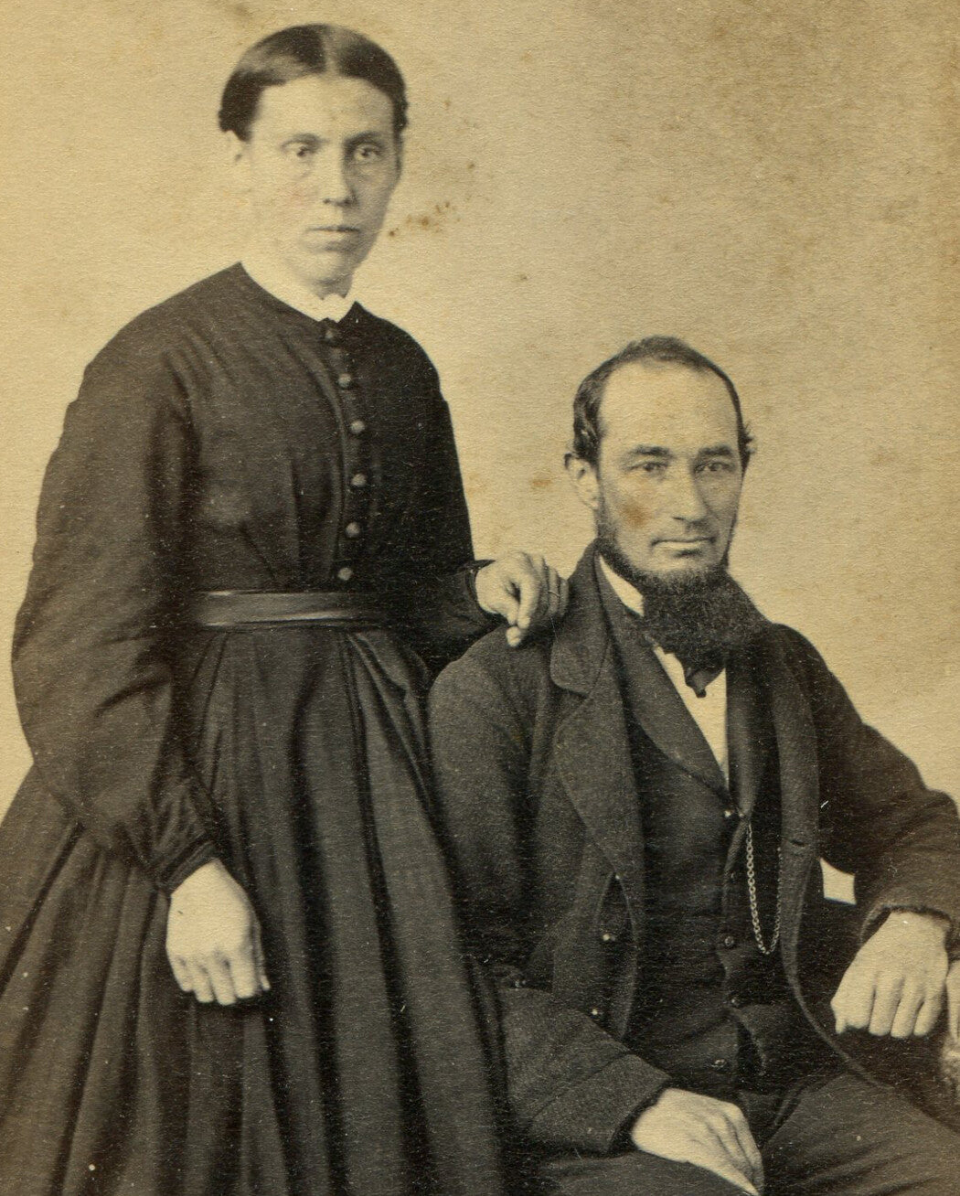 COUPLE IN AWKWARD AFFECTIONATE POSE. TINTED CDV. EASTON, PA.