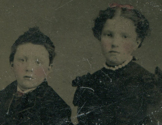 Vintage Tintype Photograph: Young Sisters Irritated Expression 3.5x2.5 Rare