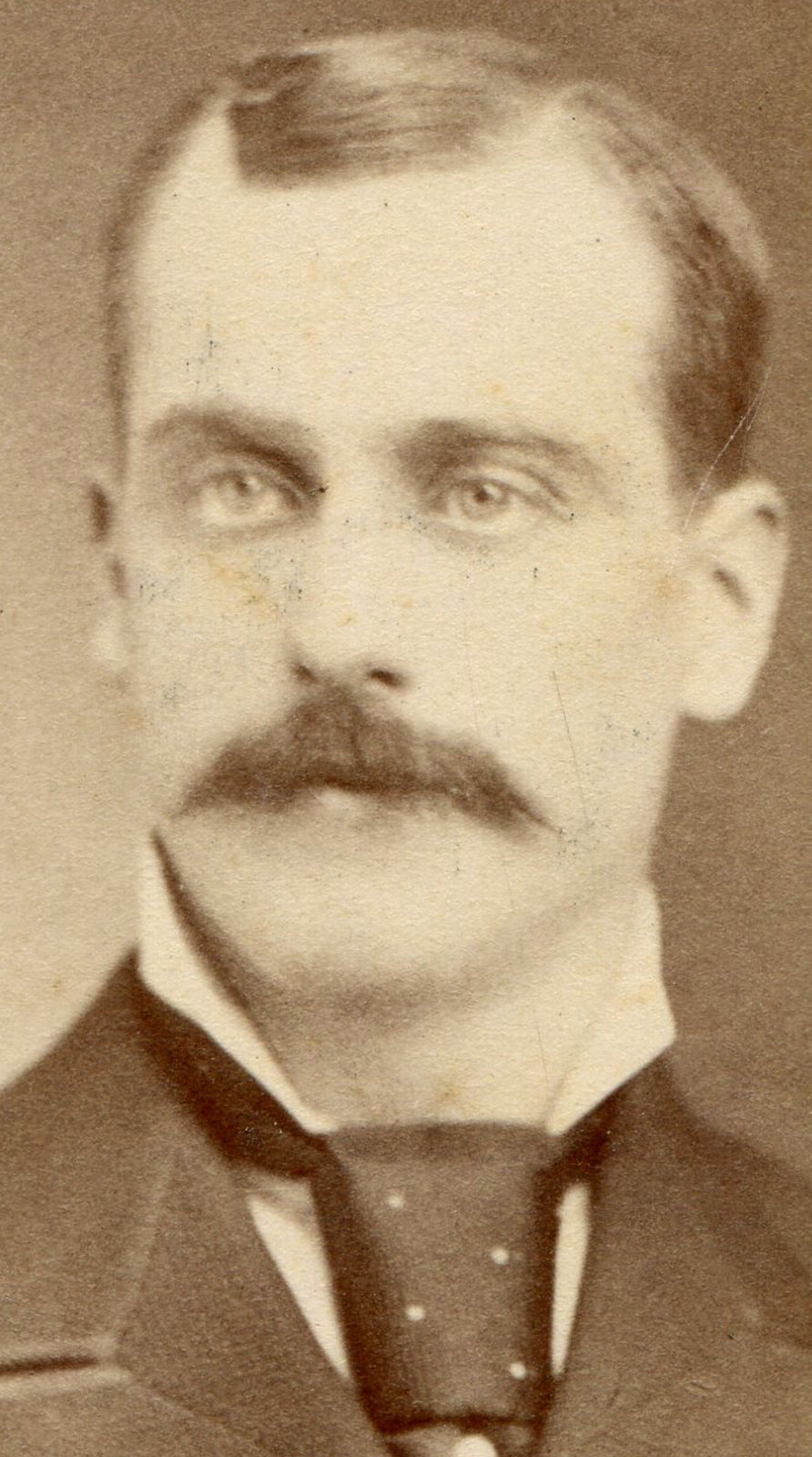 BLOCK HEADED MAN WITH MUSTACHE AND POLKA DOT TIE. CDV. WESTFIELD, MASS.