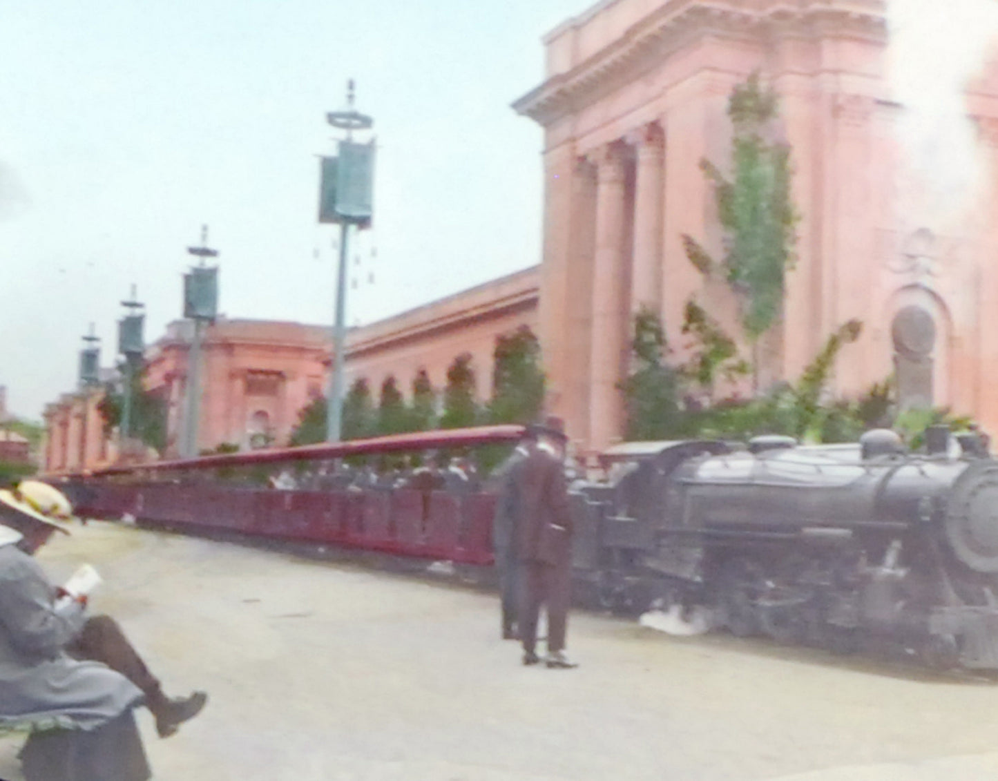 OPEN CAR PASSENGER STEAM TRAIN STATION, HAND TINTED ANTIQUE PHOTO ON GLASS