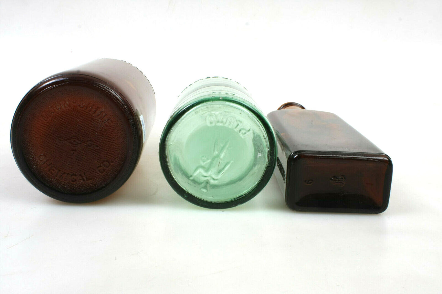 3 VINTAGE BOTTLES, MOONSHINE CHEM, FR. JOHNS PLUTO WATER