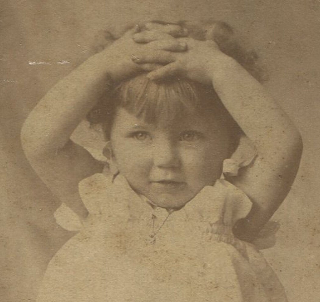 Rare Vintage cabinet card photo: Toddler portrait with hands raised, Albert Lea