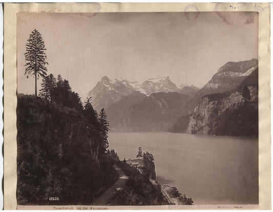 ALBUMEN HOUSE BY THE LAKE AND SNOW CAPPED PEAKS.
