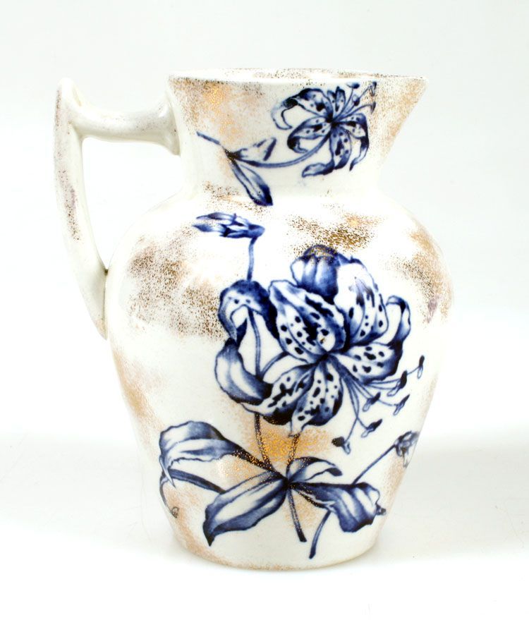 ANTIQUE POTTERY WATERING PITCHER, BLUE FLORAL DESIGN W/ SOME GOLD DUSTING