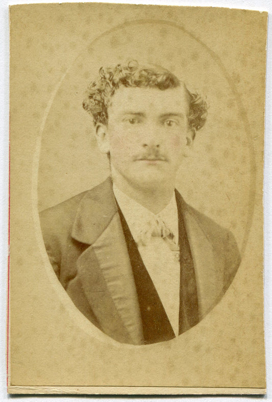 YOUNG MAN W/ VERY CURLY HAIR, MUSTACHE. CDV.