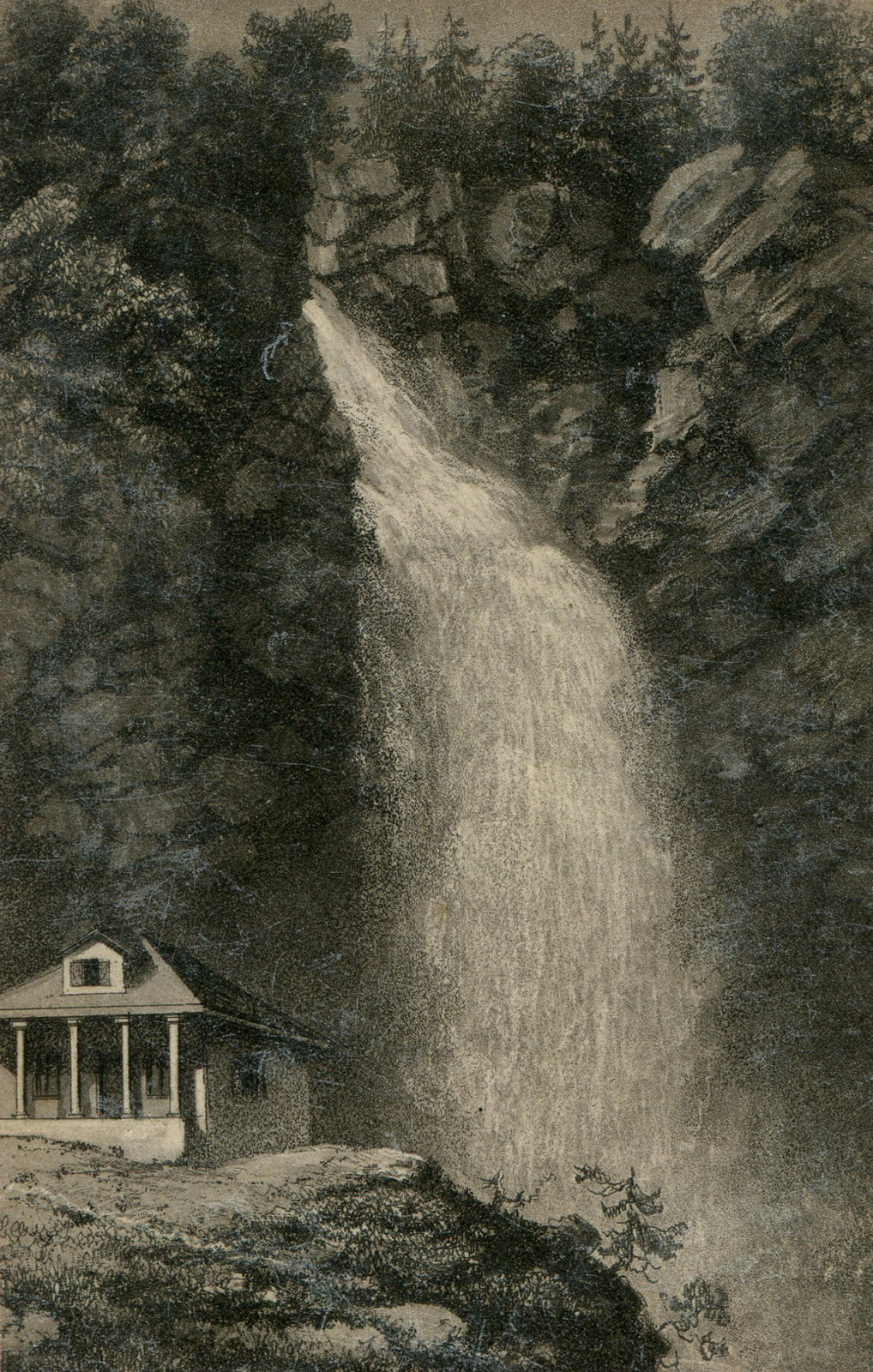 WOODLAND WATERFALL BY LITTLE HOUSE. CDV OF ARTWORK.
