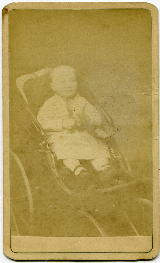 BABY HOLDING TOY, IN BABY BUGGY. CDV. SINCLAIRVILLE, N.Y.