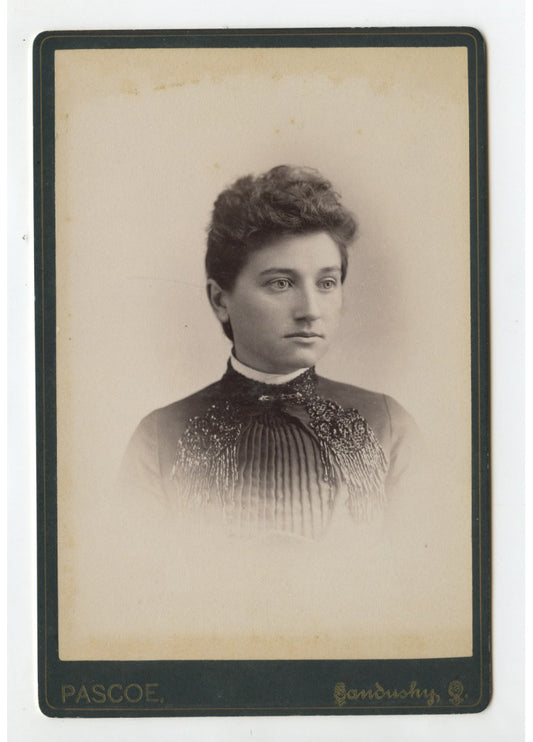 CAB CARD PHOTO LADY W/ PRETTY DRESS FROM SANDUSKY, OH, BY PASCOE