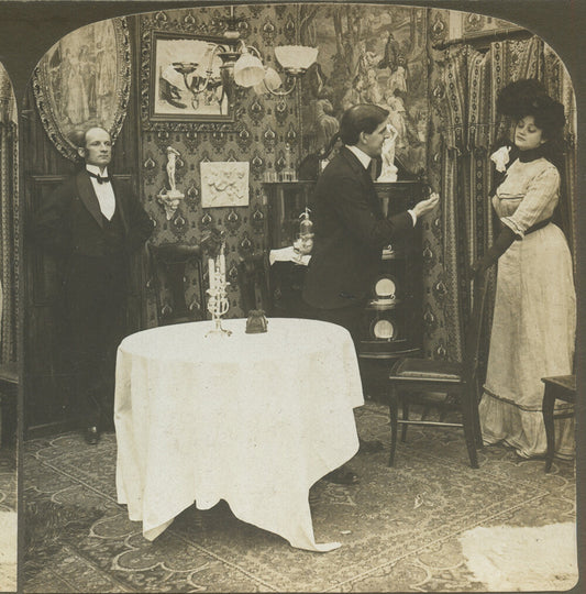 WELL DRESSED COUPLE + BUTLER IN PARLOR STEREOVIEW BY WHITE