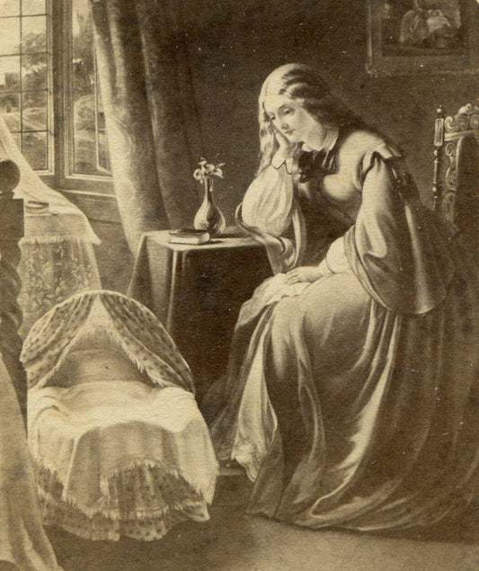 WOMAN GAZES AT EMPTY BASSINET. CDV OF ARTWORK. BOSTON.
