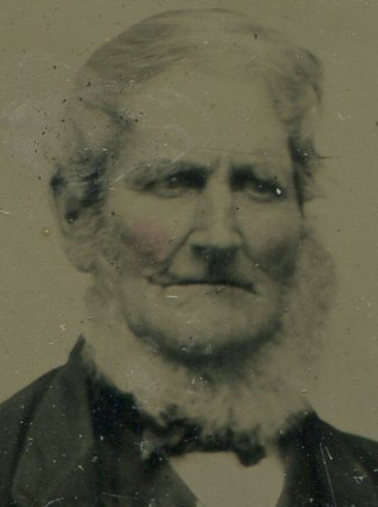 VERY OLD MAN, WHITE BEARD/HAIR. TINTED TINTYPE IN PERIOD PAPER MAT.